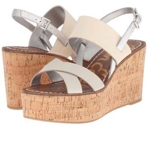 Sam Edelman Destiny Cream and Silver Cork Wedge Sandals size 8.5